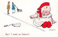 Baby With Dummy Feast Bin Rattle Antique School Canteen Comic Humour Postcard