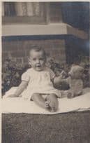 Baby With Toy Teddy Bear Antique Postcard