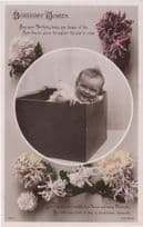 Baby Wrapped Up As A Present In A Box Old RPC Postcard