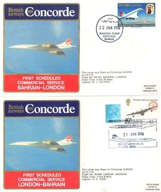 Bahrain To London Concorde FIRST FLIGHT 2x 1976 FDC s