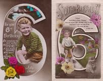 Bicycle Rowing Boat Childrens Antique Happy 6th Sixth Birthday RPC 2x Postcard