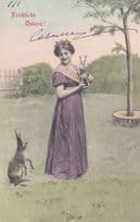 Big Rabbbit Begging to German Lady For Toy Baby Rabbit Antique Germany Postcard