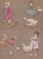 Bird Children Playing With Hen Hens & Geese 2x Antique Postcard