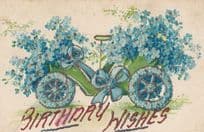 Blue Birthday Floral Cycle Floral Car REAL GLITTER ANTIQUE 3D STYLE Old Postcard