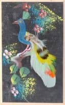 Blue Peacock Amazing Real Feathers Mexican Felt Crafts Old Card