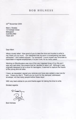 Bob Holness Amazing Blockbusters TV Quiz Show Hand Signed Letter