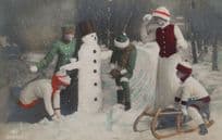 Bobsleigh Children Snow Building A Snowman Old Tinted Postcard