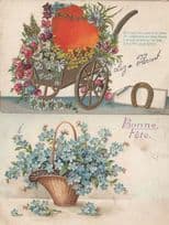 Bonne Fete 3D Raised Wheelbarrow Of Flowers 2x Antique French Floral Postcard s