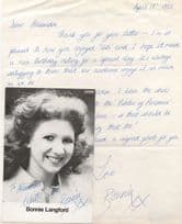 Bonnie Langford Beautiful Dr Who Companion Hand Signed Photo & Letter