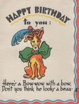 Bow Wow Dog Doggie With A Bow Antique Greetings Card