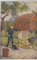 Boy Farm Keeper With Giant Broomstick Feeding Hens 1960s Postcard