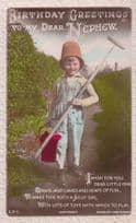 Boy Garden Rake Hat Gardening Real Photo Antique Happy Birthday Nephew Postcard