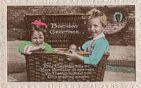 Boy & Girl In Basket Wild Red Hat Real Photo Old Greetings Postcard