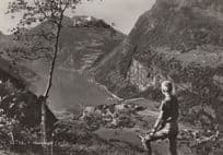 Boy On Mountain Top at Geiranger Norway Old RPC Postcard