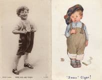 Boy Sick With Cigar Smoking Cheeky Dungarees 2x Comic Old Postcard s