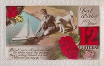 Boy With Toy Model Boat Terrier Dog Greetings Antique Old 12th Birthday Postcard