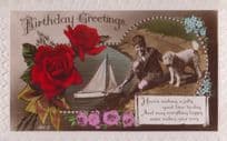 Boy With Toy Model Boat Terrier Dog Lake Greetings Antique Old Birthday Postcard