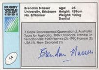 Brendan Nasser Australia Hand Signed Rugby 1991 World Cup Card Photo