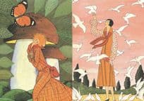 Butterfly Birds Swans 2x German Art Deco Painting Postcard s