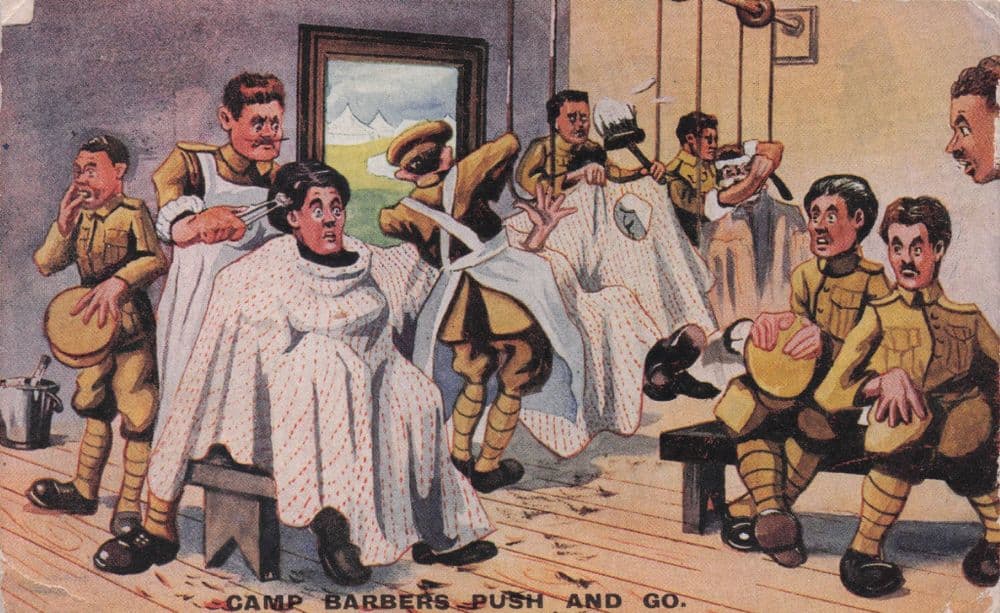 Conscripts Barber Camp Barbers Army Military Barbers Hairdressers WW1 Old Comic Postcard