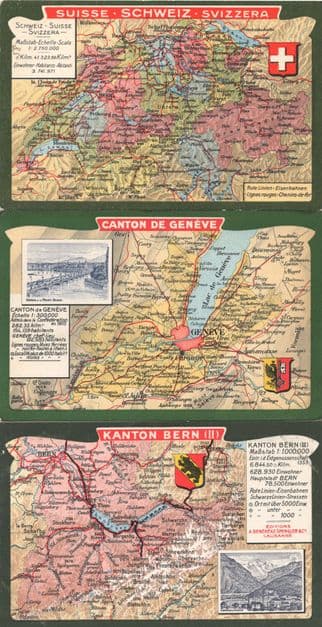 Canton Kanton Du Geneve Bern 3x Switzerland Old Map Postcard s