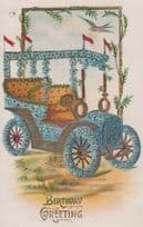 Car Covered In Blue Flower Flowers Mobile Old Greetings Happy Birthday Postcard