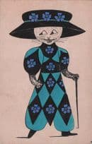Cat Antique Silk Postcard Old Lady Fashion Louis Wain Style Old Postcard