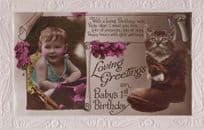 Cat Cats Baby Babys First 1st Birthday Shoes Present Greetings Antique Postcard