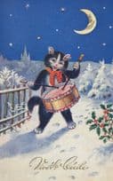 Cat Drummer Musician Man In The Moon Face Old Comic Postcard
