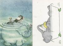 Cat Sunbathing On Swimming Elephant Mouse & Bath 2x Comic Postcard s