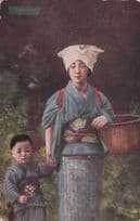 Chatsum Tea Gathers Child & Mother Chinese Antique Postcard