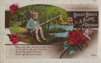 Child Boy Fishing Antique Birthday Greetings RPC Old Postcard