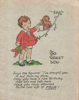 Child Holding Hands With Squirrel & Toy Doll Antique Greetings Card