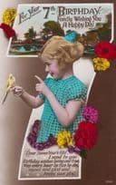 Child Playing With Budgie Bird 7th 7 BirthdayTalking To Animals Antique Postcard
