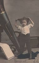 Child Pulling His Hair Out With Giant Tuba Comic Old Postcard