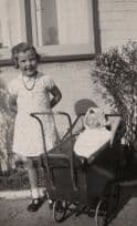 Child Pushing Large Plastic Toy Doll in Antique Pram Pushchair Real Photo Postcard