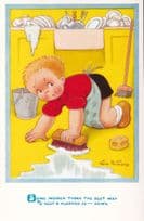 Child Scrubbing Floor Broom Bucket Of Water Comic Postcard
