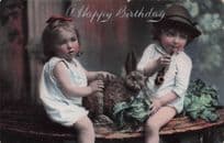 Children Smoking Large Antique Pipe With Rabbit Old RPC Postcard