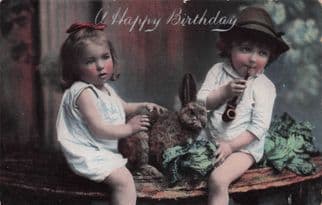 Children Smoking Large Antique Pipe With Rabbit Old RPC Postcard
