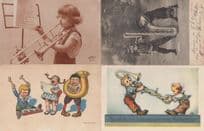 Children Trumpet Tug Of War 4x Old Musician Comic Postcard s