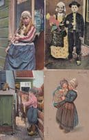 Children With Dutch Toy Doll Doll Kitten Cat Broom 4x Vintage Postcard s
