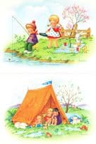 Childrens Cute Camping Fishing 2x Postcard s