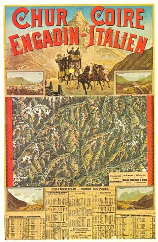 Chur Coire Engadin Italien 1880 Train Timetable Switzerland Poster Postcard