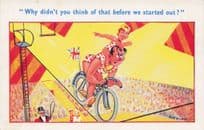 Circus Tightrope Stunt Cyclist Vintage 1970s Comic Postcard