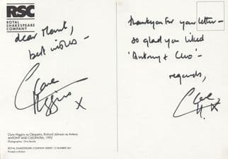 Clare Higgins Antony & Cleopatra Double Hand Signed Card Photo