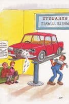 Classic Car MOT Test Old Repair Centre Factory Worker Comic Postcard
