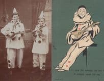 Clown Children Musicians Lute Flute 2x Old Comic Postcard s