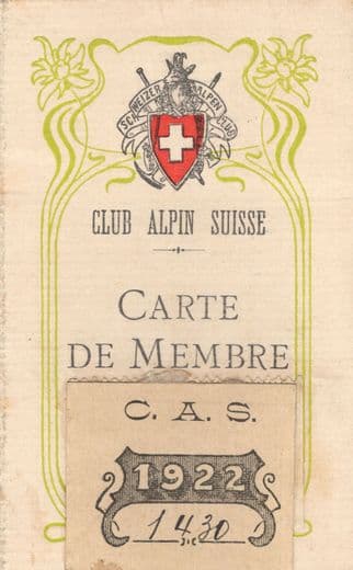 Club Alpin Swiss 1922 Switzerland Old Membership Card Pass