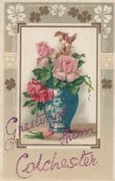 Colchester Greetings Amtique Silk Style REAL GLITTER Old Essex Postcard