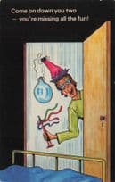 Come On Down 1970s House Party Poppers Balloons Comic Postcard